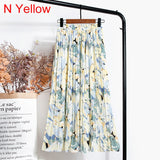 High Waist Floral Print Mid Calf Long Pleated Women Summer Vintage Elegant Chiffon Midi Skirt