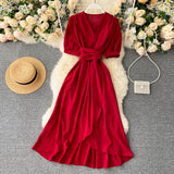 Elegant Vintage Belted High Low Midi Dress V Neck Short Puff Sleeve Summer Dress Sundress