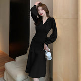 Women Casual Kintting Slim Autumn Winter Dresses V-neck Knee-Length Sweater Dress Office Lady Chic Vestidos