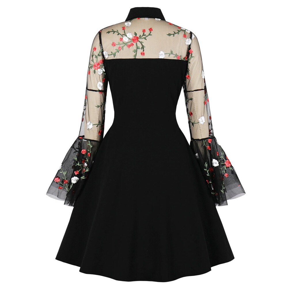 1950s Black Ladies Flared Sleeve Mesh Embroidered Patchwork Retro Vintage Dresses