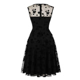 2021 Floral Embroidered Mesh Overlay Elegant High Waist Black Tunic Dresses for Women Sleeveless A Line Winter Party Dress