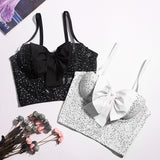 Crop Tops Sexy Sleeveless Sequins Bow Women Top Cropped Party Corset Push Up Bustier Camis Built in Bra
