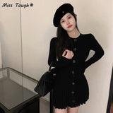 Winter Kawaii Knitted Sweater Dress Women Korean Fashion Sweet Party Mini Dress Female Sexy Solid Pleated Designer Dress 2021