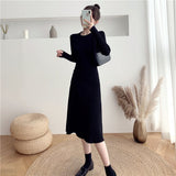 Autumn Winter Slim Kintted Dresses Women Long Sleeve A-line Korean Solid Knitted Thick Vestidos