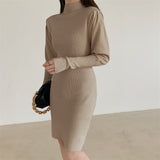 2021 Autumn Winter Fashion Sexy Half High Neck Women's Mini Knit Dress Casual Bodycon Solid Long Sleeve Ladies Dress