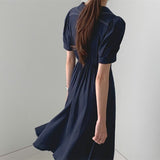 Women Chic Ladies A-Line Shirt Vestidos Summer 2021 Elegant Slim Waist Female Single-Breasted Dresses