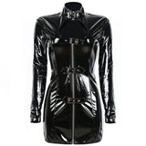 Hot New Women Gothic Long Sleeve Keyhole Bust PVC Latex Dress Black Front-Zip Faux Leather Wet Look Dress S-XXL