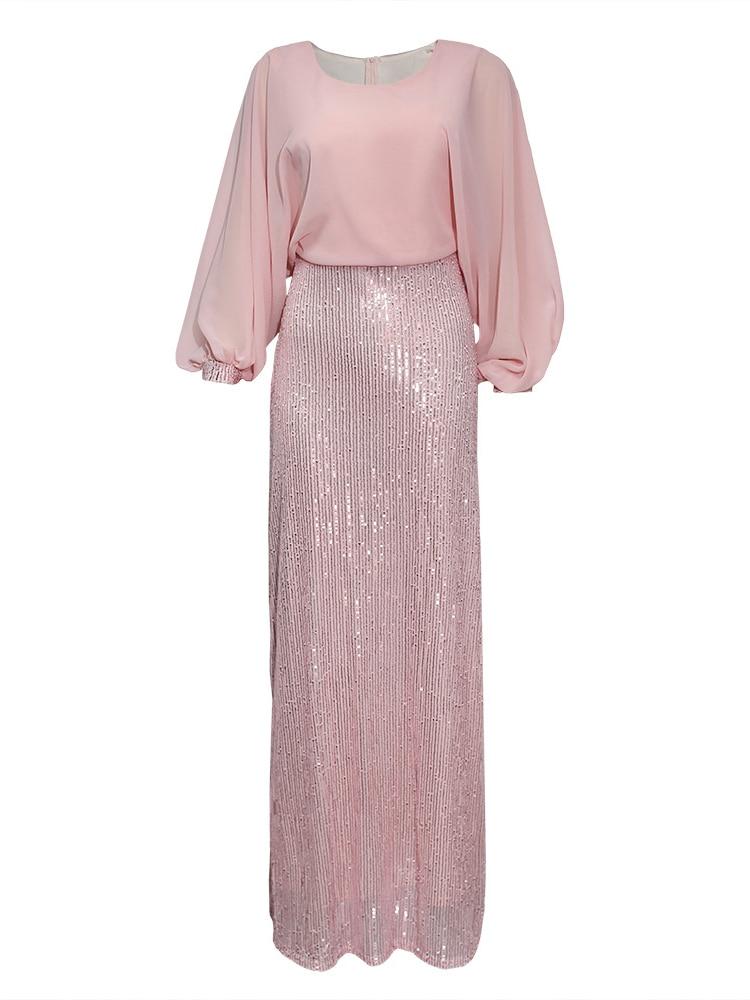 O-Neck Chiffon Evening Dress Long-sleeve Party Gown Sequin Women's Formal Occasion Dress