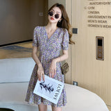 Summer Women V-Neck Short Sleeve Floral Print A-Line Dress Female Casual Chiffon Beach Mini Dress Vestidos De Verao