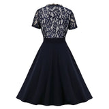 Navy Blue Lace Formal Short Sleeve Patchwork High Waist Robe Pin Up Swing Evening Party Dresses