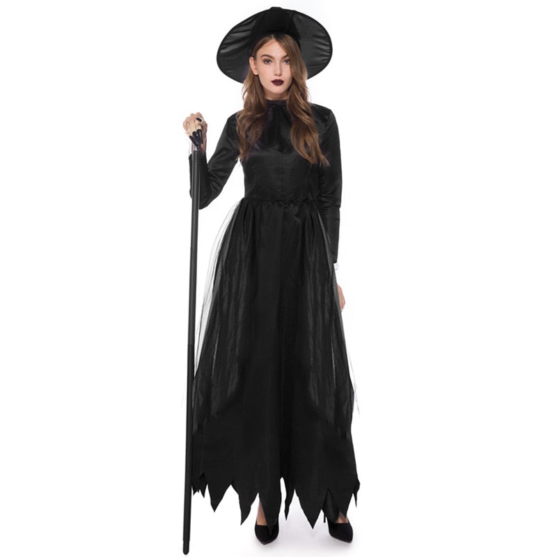 Adult Women Wizards Costume Purim Halloween Cosplay Party Black Gothic Witch Fancy Dress Up