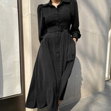 Female Single-Breasted Shirt Dress 2021 Spring Elegant Long Sleeve Belted Women Dress A-Line Vestidos