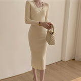 Chic Knitted Dress Women Long Sleeve Sweater Midi Party Dress Female Office Lady Autumn 2021 Slim Solid Bodycon Vestdios