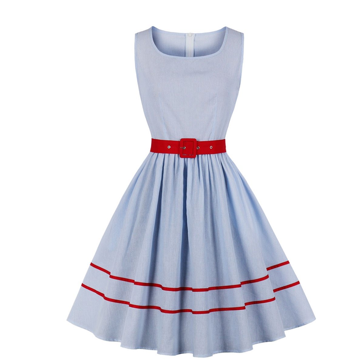 2021 O-Neck Sleeveless 50s Striped Vintage Pleated Summer Dress 100% Cotton Women Pocket Side Red Belt Casual Ladies Dresses