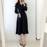 2021 Dresses for Women Vintage Robe V-neck Puff Sleeve Folds Vestidos Mujer High Waist Temperament Dress