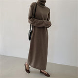 Casual Autumn Winter Women Turtleneck Full Sleeve Thick Maxi Knitted Pullovers Dress Female Basic Loose Sweater Dress