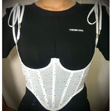 Rhinestones Mesh Underbust Corset Ribbed Bustier Hollow Lace-up Crystal Skinny Crop Tops Vest
