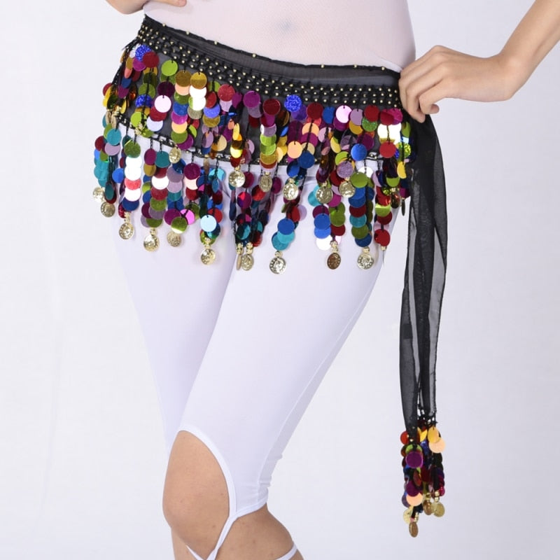 Women Belly Dance Waist Wrap Chains Bling Colorful Sequins Coins Hip Scarfs Chiffon skirt Belt