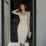 Autumn Women Lace Dress Elegant Lace Patchwork Hollow out Formal Party Knee-Length Bodycon Dress