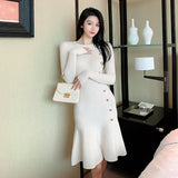 Winter Thick Women Knitted Knee-Length Dress Buttons Long Sleeve Slim Waist Female Sweater Mermaid Dress