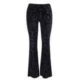 Women Floral Embossed Velvet Skinny Vintage Flare Pants High Waist Streetwear Spring Black Trousers