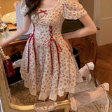 Summer Patchwork Kawaii Lace Up Japanese Sweet Party Mini Dress Short Sleeve Princess Chic Korean Bandage Dress