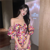 Summer Women Sweet Floral Print Bubble Sleeves Elegant Square Collar Dress Fashion Mini High Waist Clothes