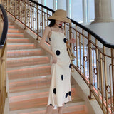 New Women Summer Satin Dot Print Dress Camisole Maxi Sundress Korean Fashion Dress