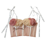 Lace Up Flowers Sweet Corset Top With Cups Women Cropped Nightclub Party Sexy Crop Top Push Up Bustier Cami Built in Bra