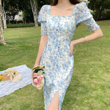 French Vintage Floral Dress Women Designer Elegant Split Party Midi Dress Female Casual Kawaii Korean Fairy Dress Summer 2021