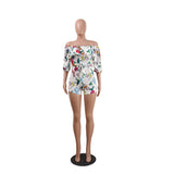 Print Off Shoulder Women Sexy Floral Printed Casual Sashes Short Jumpsuit Romper