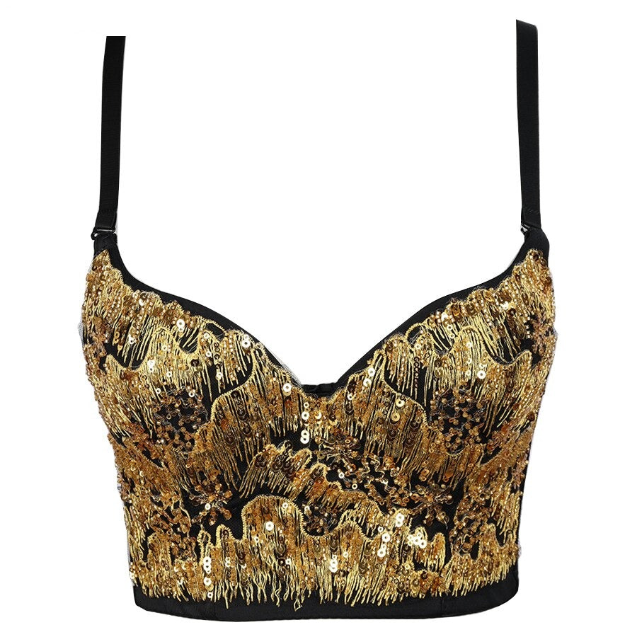 New Cropped With Built in Bra Gold Sequins Party Hot Chick Sexy Women Crop Top Spaghetti Strap Corsets Bustier