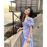 Summer Elegant Floral Dress Women Sweet Kawaii Korean Backless Sexy Split Midi Dress Female Casual slim Puff Sleeve Party Dress