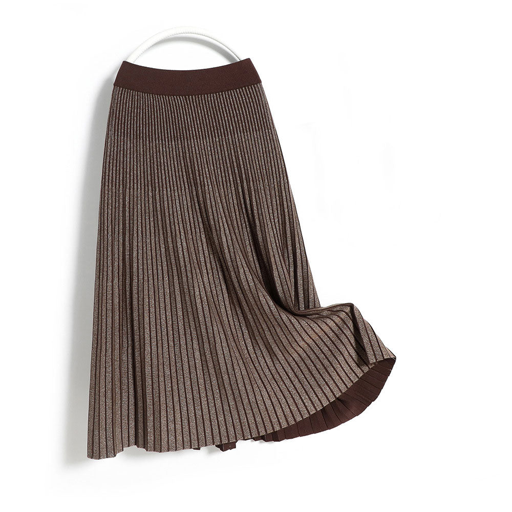 Women Elastic High Waist Elegant Pleated Thick Knit A-Line Skirts Outwear