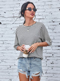 New Vintage Striped Women Shirt Casual O Neck Short Loose Blouse Crop Top