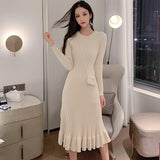 Women Autumn Winter Elegant Slim Midi Sweater Dresses Knitted Ruffle Dress Female A-line Casual Vestidos