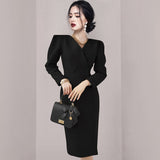 Elegant V-Neck Women Knee-Length Dress Double-Breasted Puff Sleeve High Waist Dress Female 2021 Spring