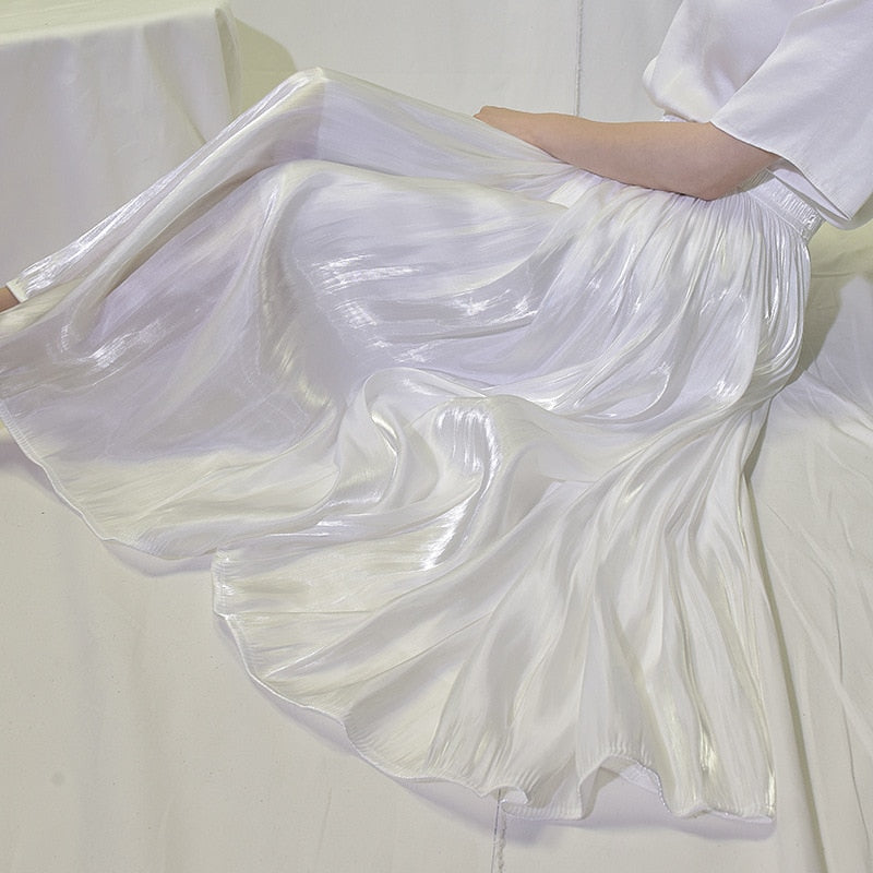 Elastic High Waist Women Elegant Pleated Long A-Line Skirt Outwear