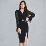 Women Spring Korean Elegant OL Dress Chic Suit Collar Waistbelt Slit Bodycon Dresses Party Vestidos