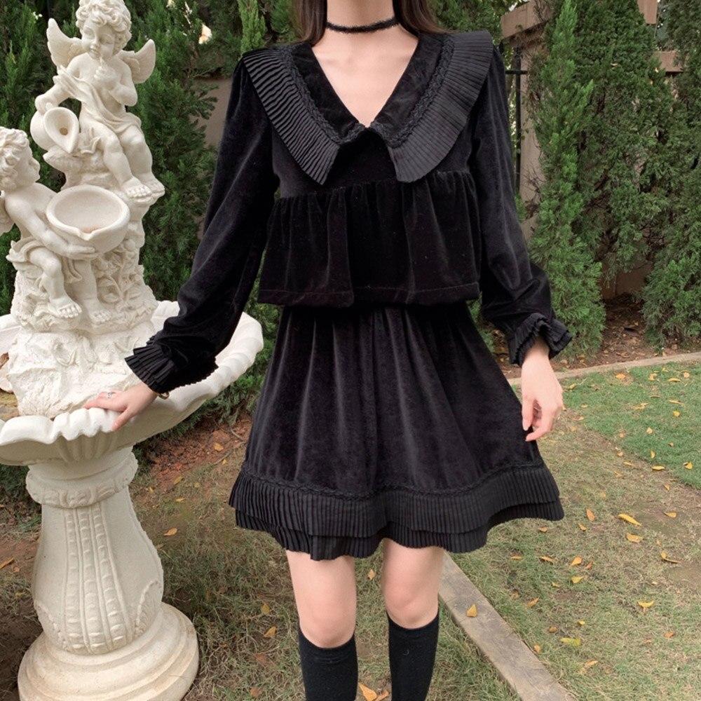 Peter Pan Collar Gothic Lolita Bandage Black Dress 2pcs Streetwear Women Vintage Long Sleeve Hip Hop High Waist Party Dresses