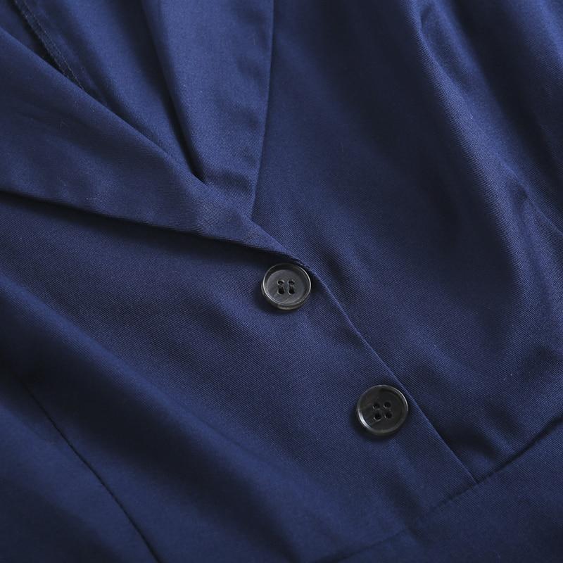 Navy Blue Notched Collar Button High Waist Vintage Robe Women Swing Dress