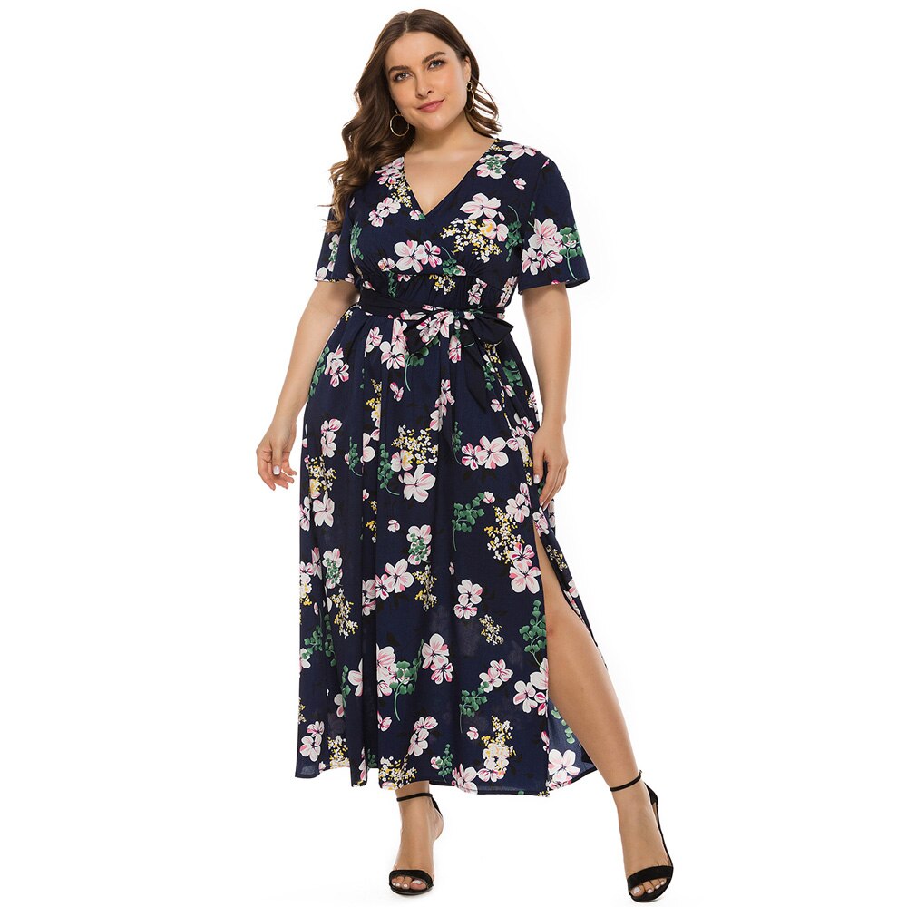Plus Size Summer Women Beach Boho V Neck Short Sleeve Floral Print Slit Side Long Maxi Bohemian Dress