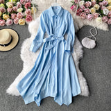 Women Single-Breasted Shirt Dress Spring Summer Lace Up Casual Long Sleeve Clothes 2021 Dresses