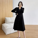 2021 Autumn Winter Women's Long-Sleeved Sweater Outwear Cardigan Suit Collar Singles Breasted Knitted A-line Dress