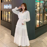 2021 Spring Women Elegant Korean Print Long Chiffon Dress Robe V Neck Lace Up Maxi Female Dresses