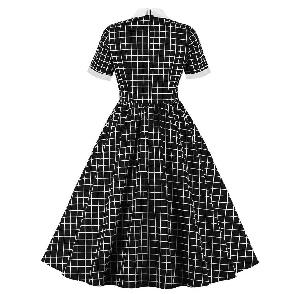 Black White Plaid Cotton Short Sleeve Bow Knot Robe Pin Up Vintage 50s 60s Retro Dresses