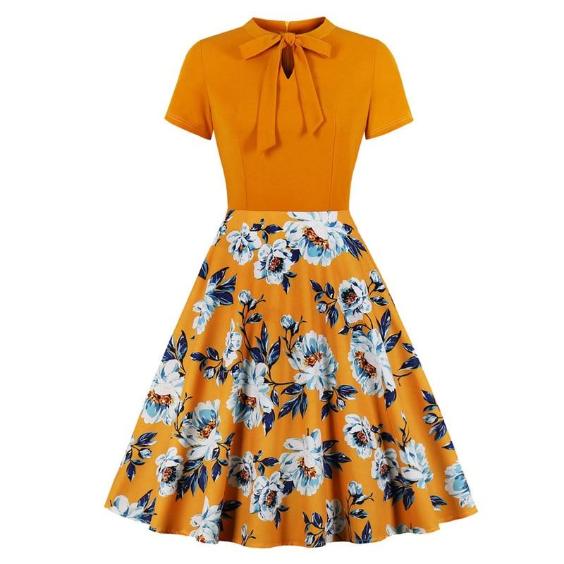 Orange with Flower Tie Neck Short Sleeve Summer Floral Casual Women A Line Vintage Retro Skater Dress