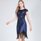 1920s Vintage Flapper Party Art Deco Great Gatsby Dress Shiny O-Neck Cap Sleeve Sequin Bead Fringe Embellished Dress