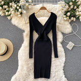 Autumn Winter Mini Crossover V Neck Long Sleeve Elegant Ribbed Knitted Dress Sexy Bodycon Dress