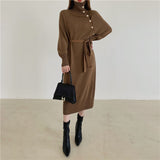 Turtleneck Long Sleeve Sweater Dress With Belt Button Knitted Elegant Midi Dress